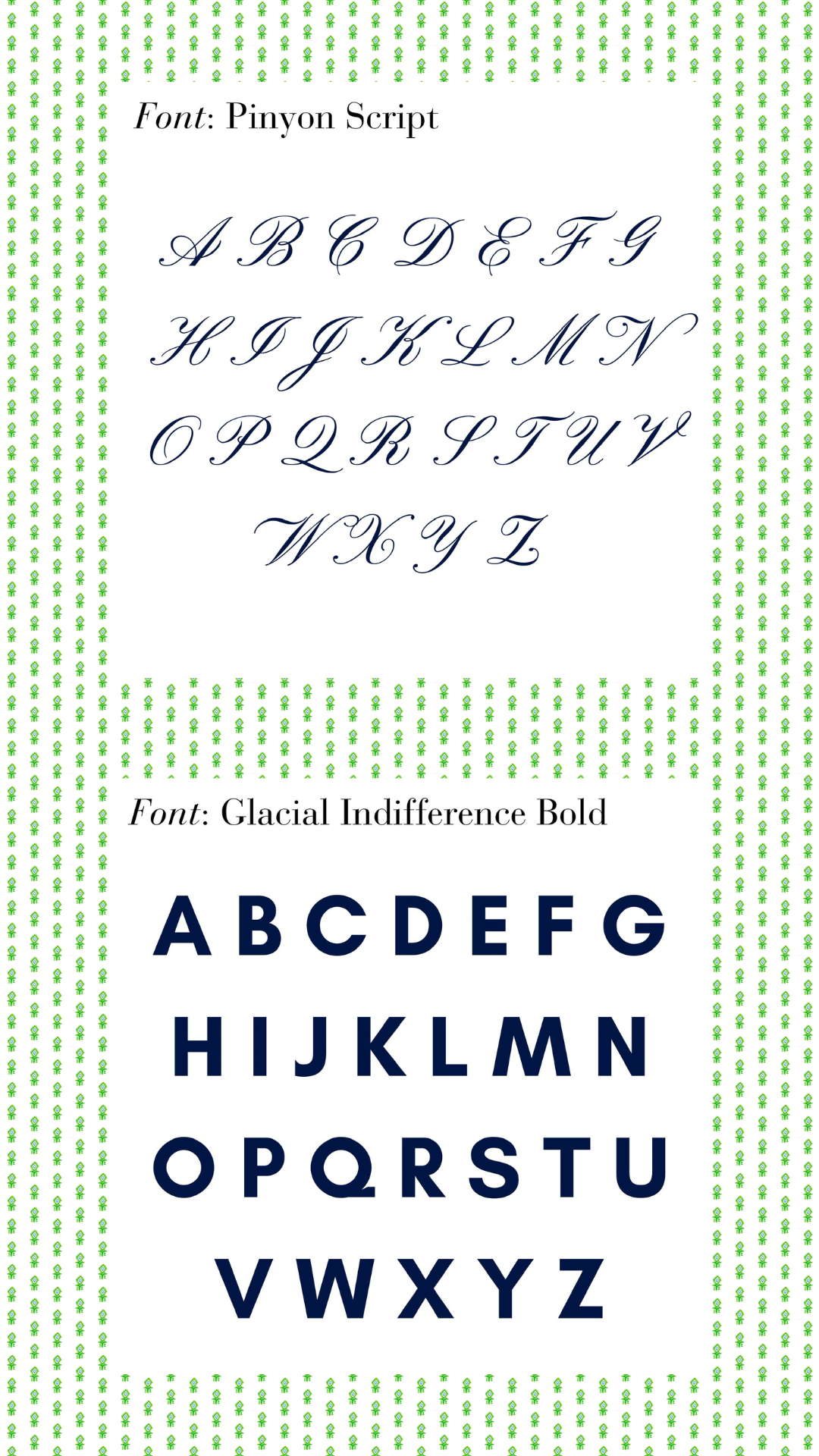 Preview of embroidery font options displayed in various styles, showcasing elegant script, bold block, and classic serif lettering for customization.