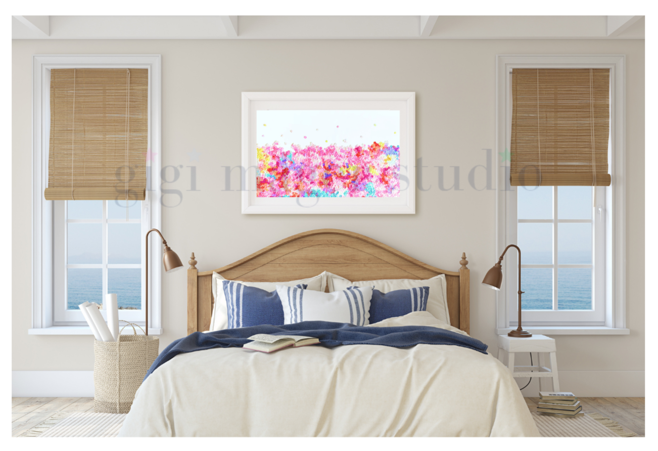Bedroom with wooden headboard, white bedding, and a colorful abstract painting on the wall.