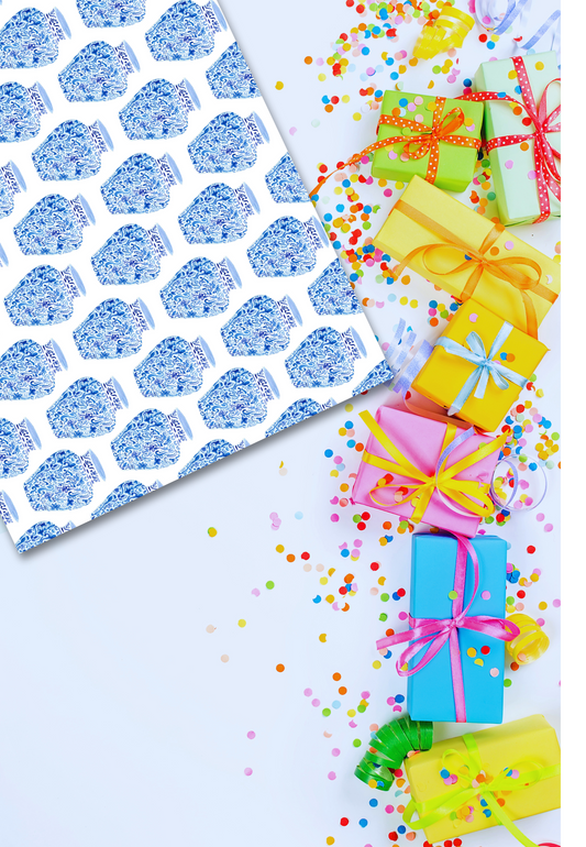 blue chinoiserie on white gift wrap