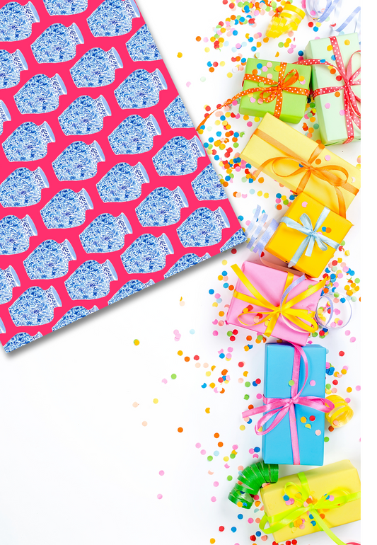 blue chinoiserie on hot pink gift wrap