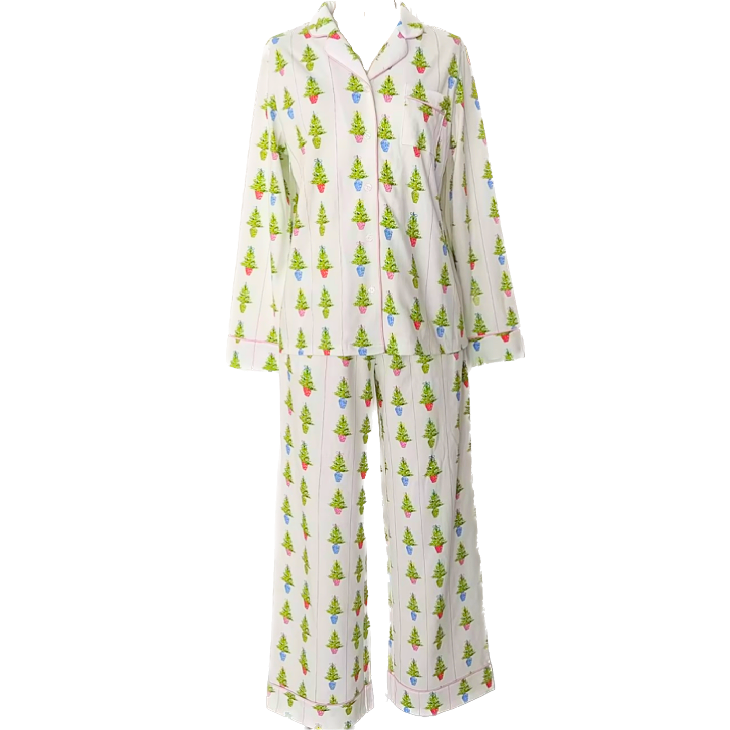 Chinoiserie christmas tree 100% cotton pajama set. The set includes a button-up shirt with a collar and matching elastic-waist pants with pockets, showcasing a relaxed yet elegant design. 