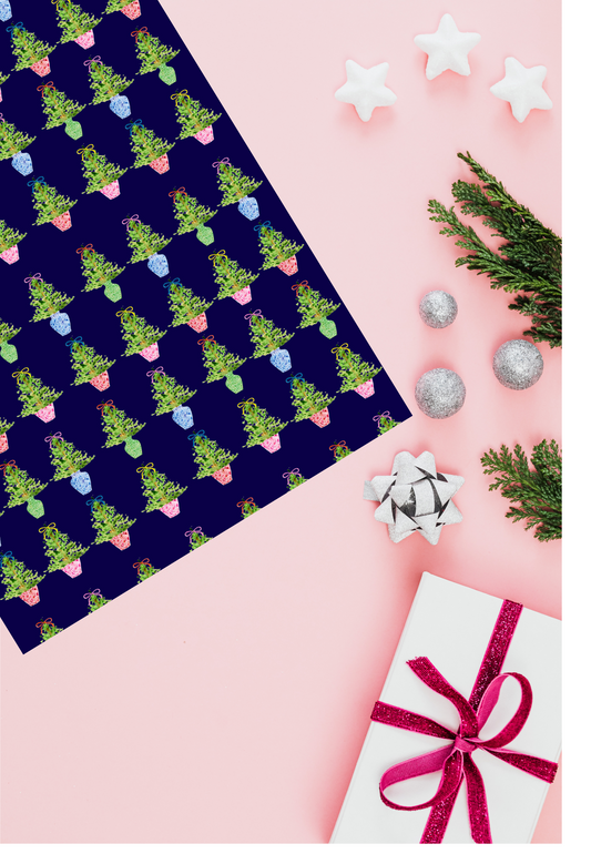 chinoiserie christmas tree on navy gift wrap