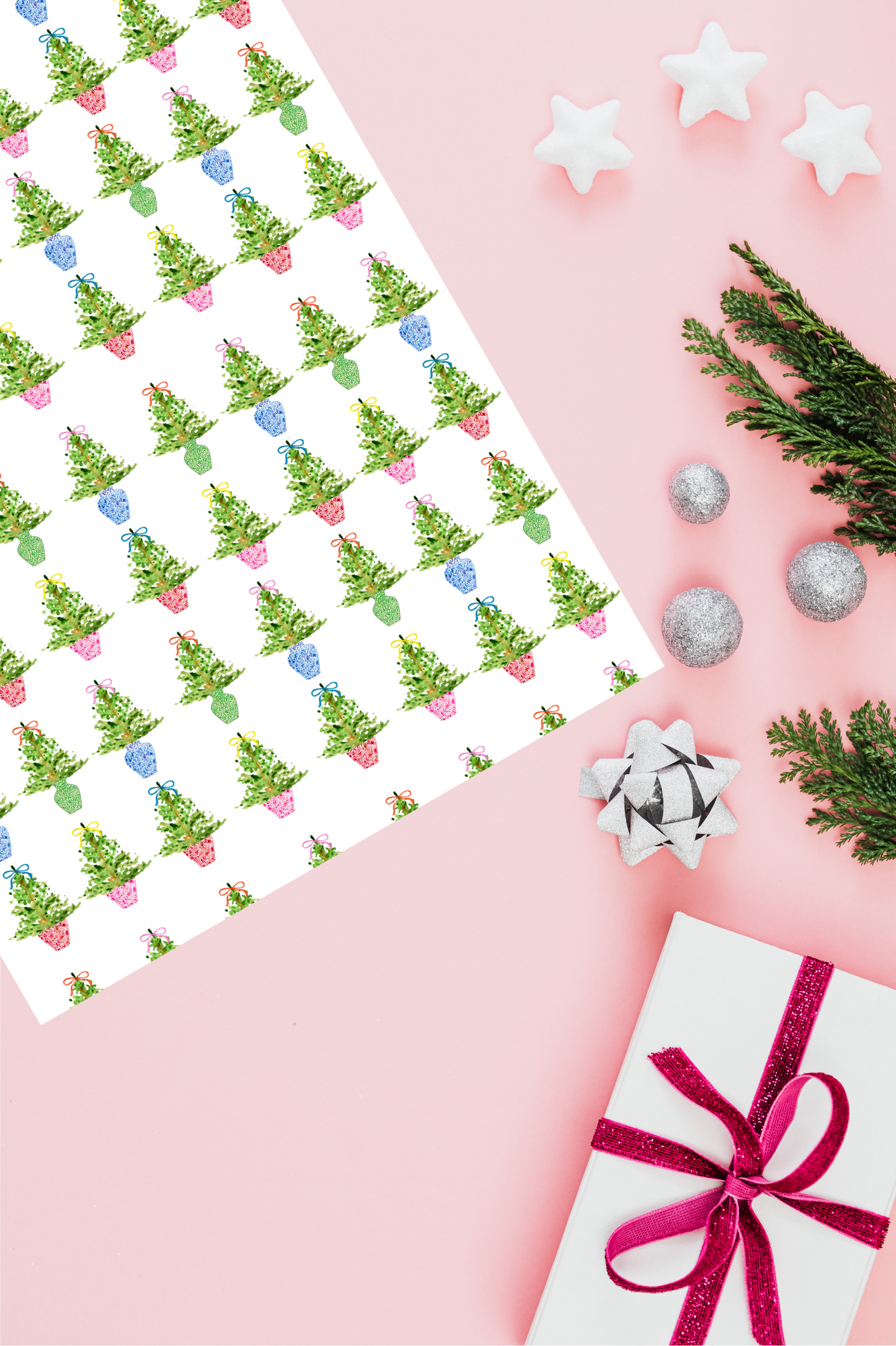 chinoiserie christmas tree on white gift wrap