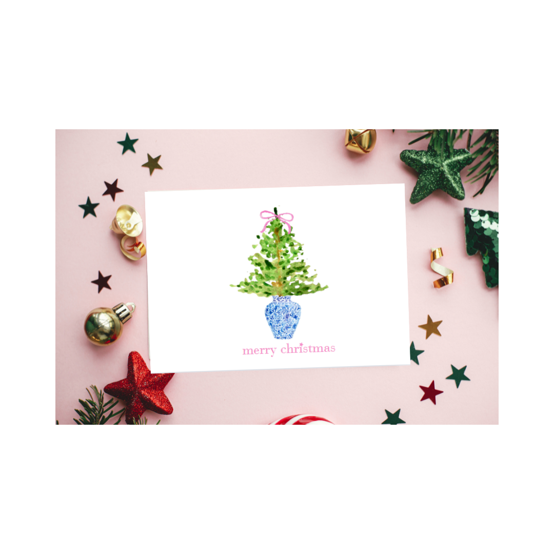 classic blue chinoiserie pine tree bow christmas card merry christmas watercolor greeting 2