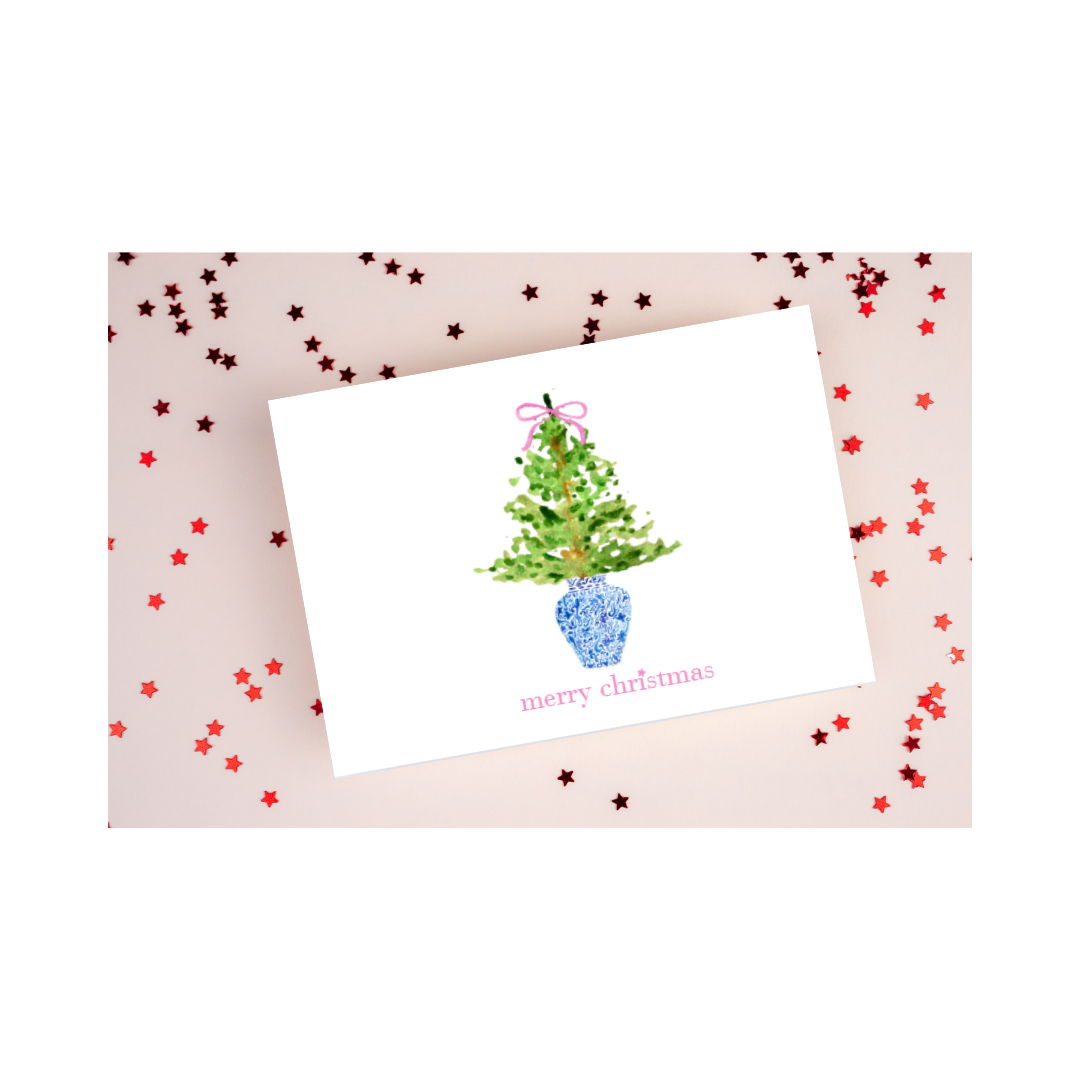 classic blue chinoiserie pine tree bow christmas card merry christmas watercolor greeting 3