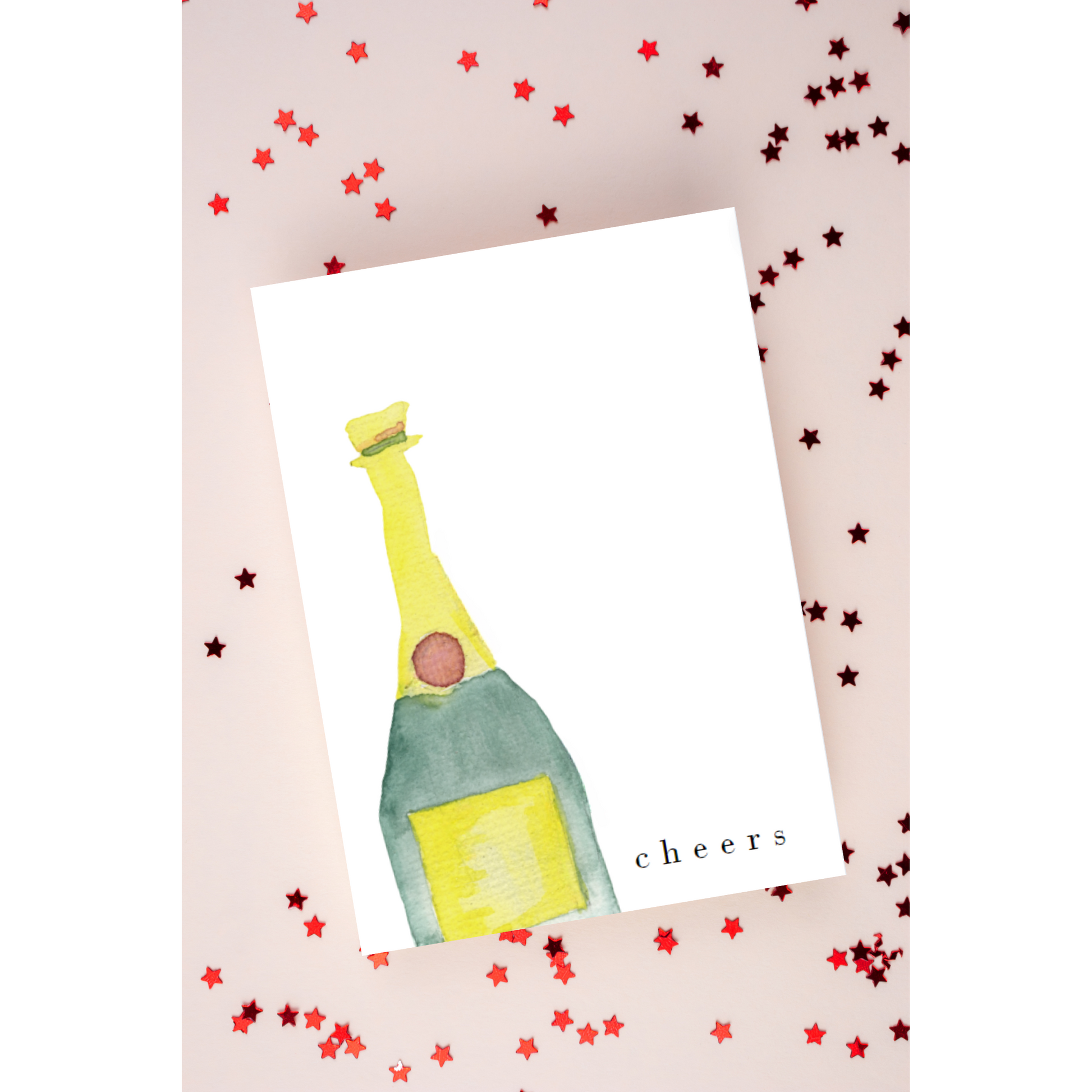 A greeting card featuring a watercolor illustration of a champagne bottle with the word "Cheers" elegantly displayed. The design is colorful and festive, making it suitable for various celebratory occasions such as birthdays, weddings, engagements, promotions and graduations. 2