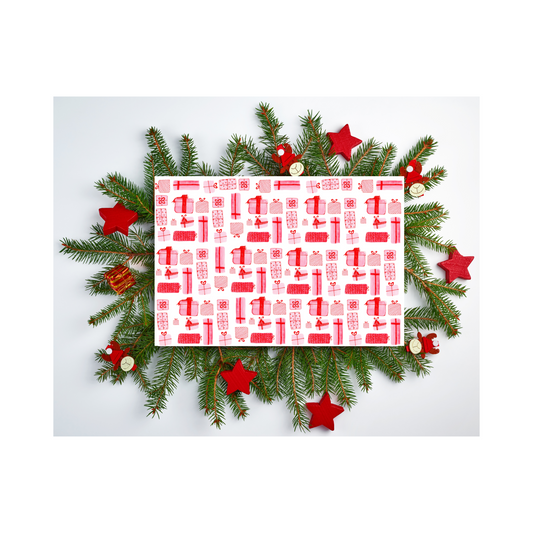 A Christmas card featuring a repeating pattern of red gift boxes with colorful ribbons on a white background. The design captures the festive spirit of the holiday season, perfect for sending warm wishes to loved ones. Blank Interior 1