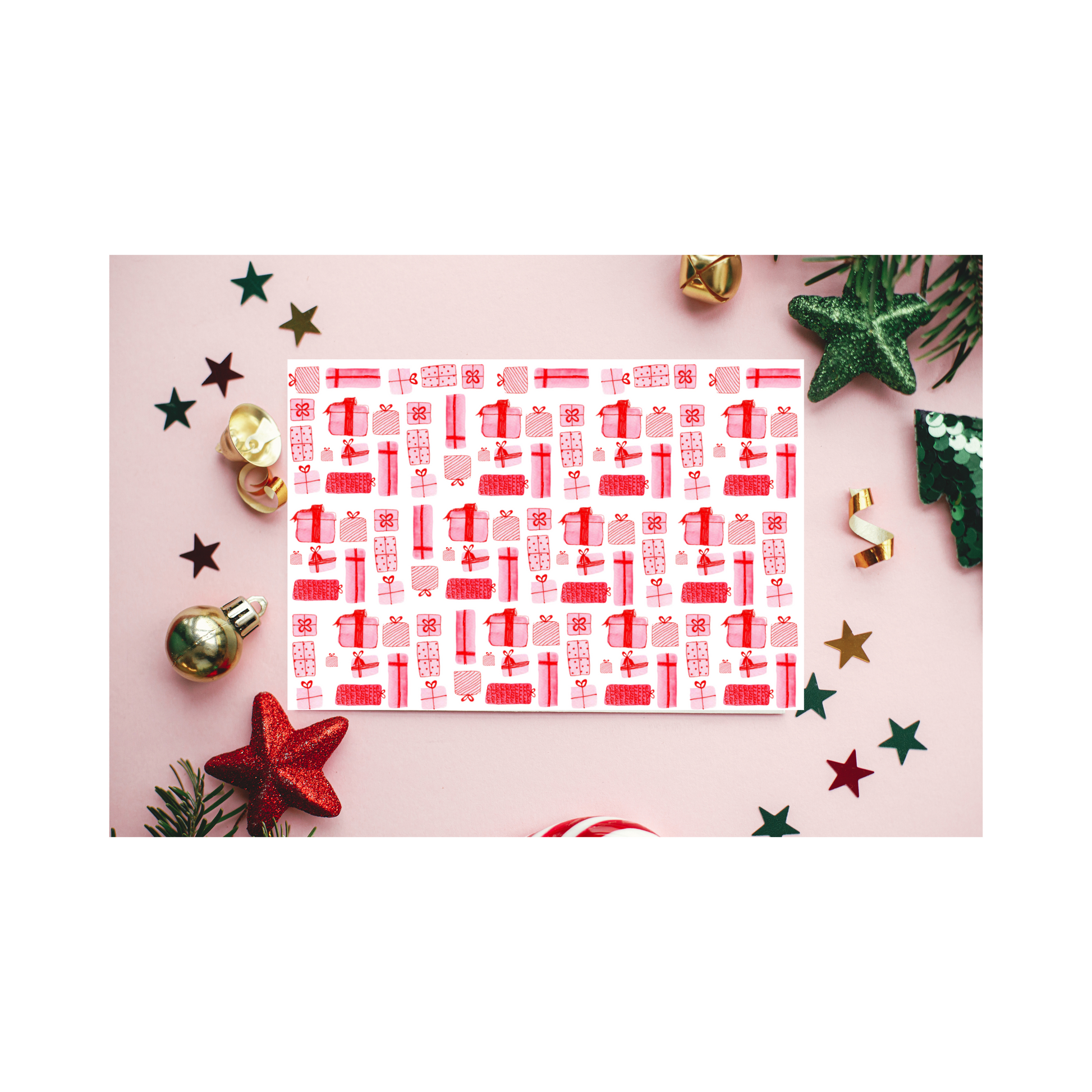 A Christmas card featuring a repeating pattern of red gift boxes with colorful ribbons on a white background. The design captures the festive spirit of the holiday season, perfect for sending warm wishes to loved ones. Blank Interior 2