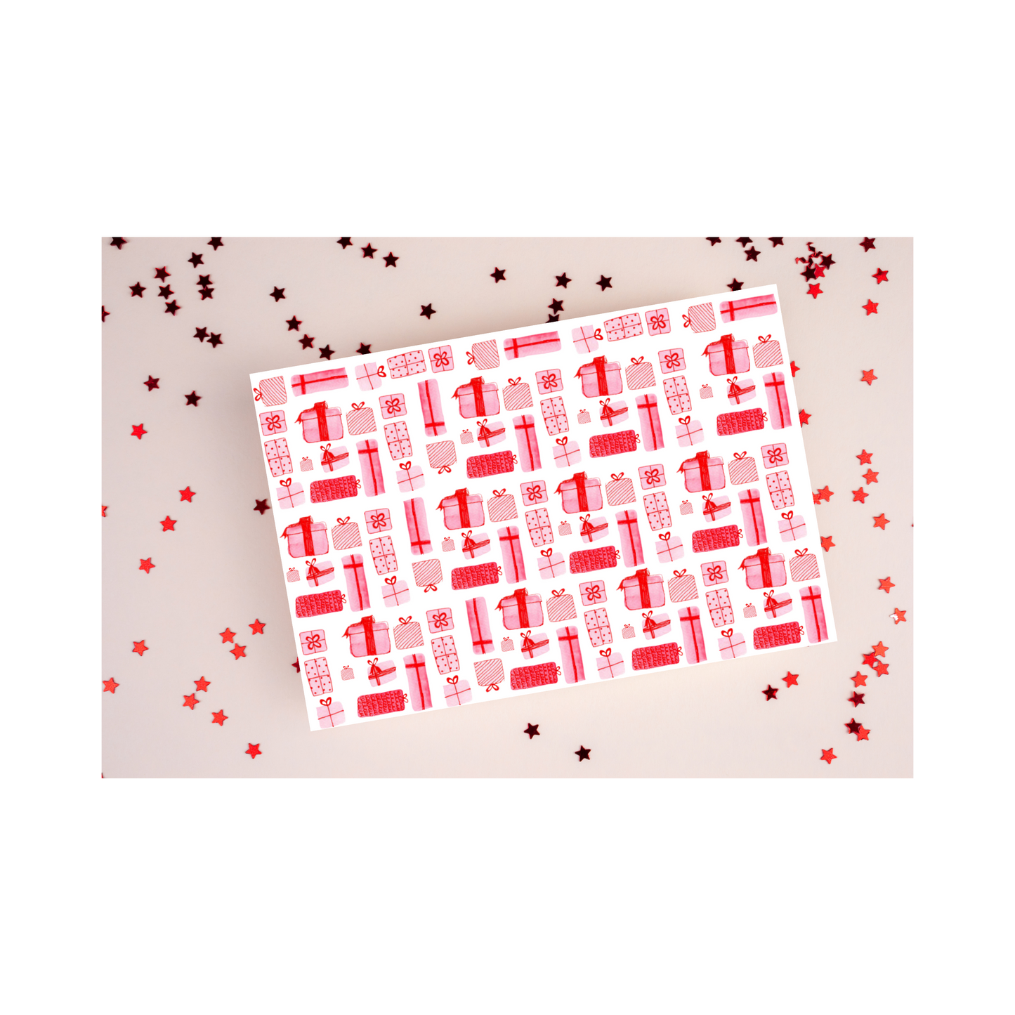 A Christmas card featuring a repeating pattern of red gift boxes with colorful ribbons on a white background. The design captures the festive spirit of the holiday season, perfect for sending warm wishes to loved ones. Blank Interior 3