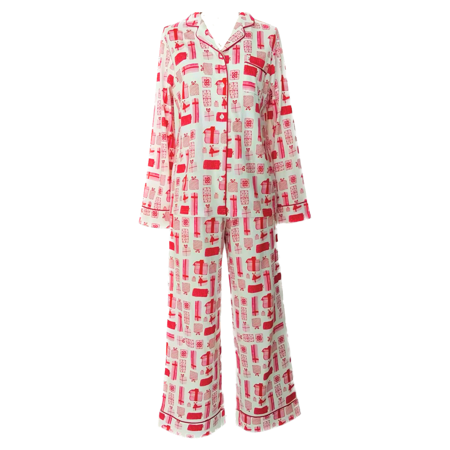 A cozy 100% cotton pajama set featuring a festive design of red watercolor Christmas gifts, perfect for holiday relaxation exclusively created by Gigi Mager. 