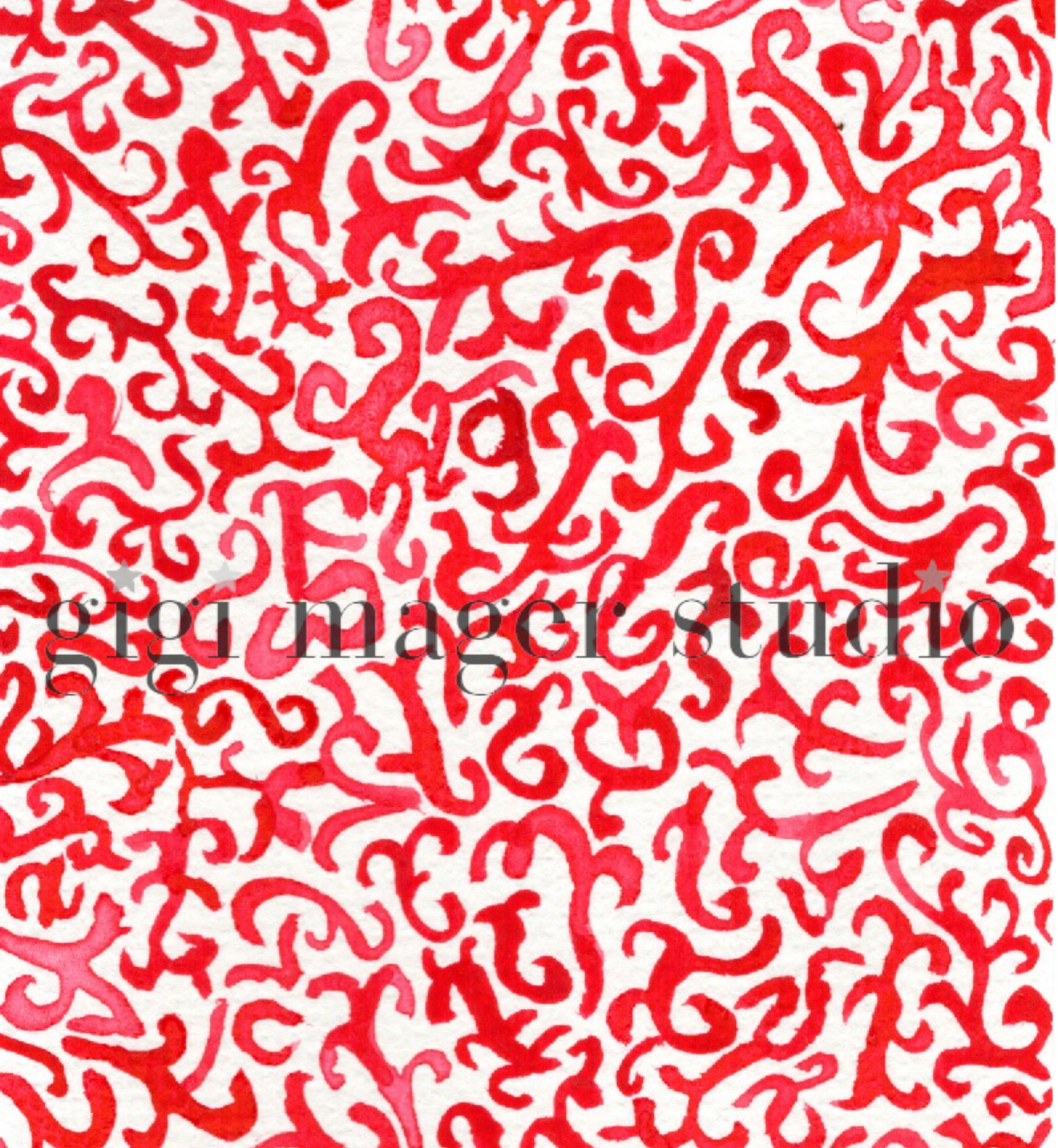 A watercolor pattern featuring an intricate pattern of red scrolls and swirls on a white background. 