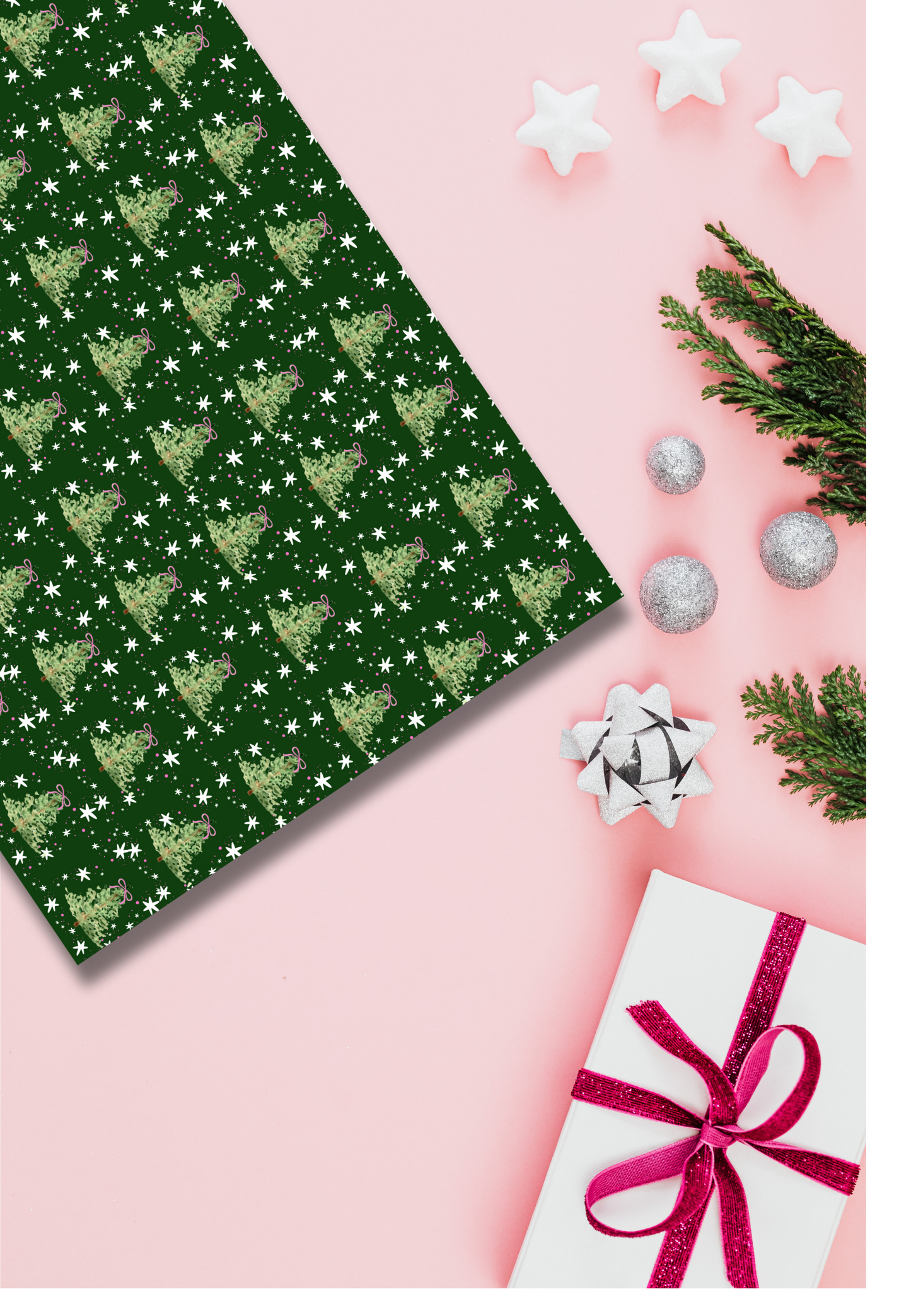 celestial pines on forest green gift wrap