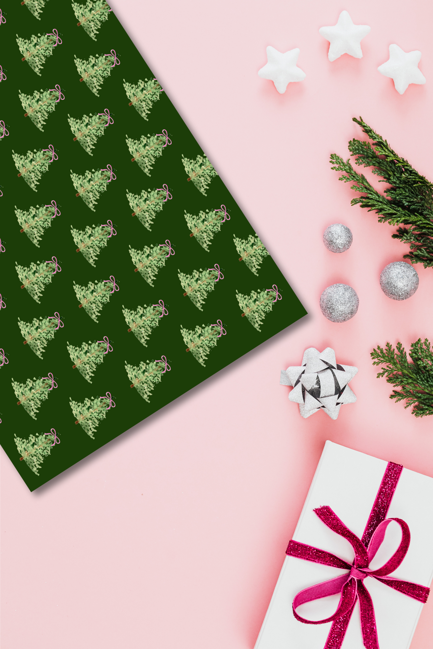 watercolor pine on forest green gift wrap