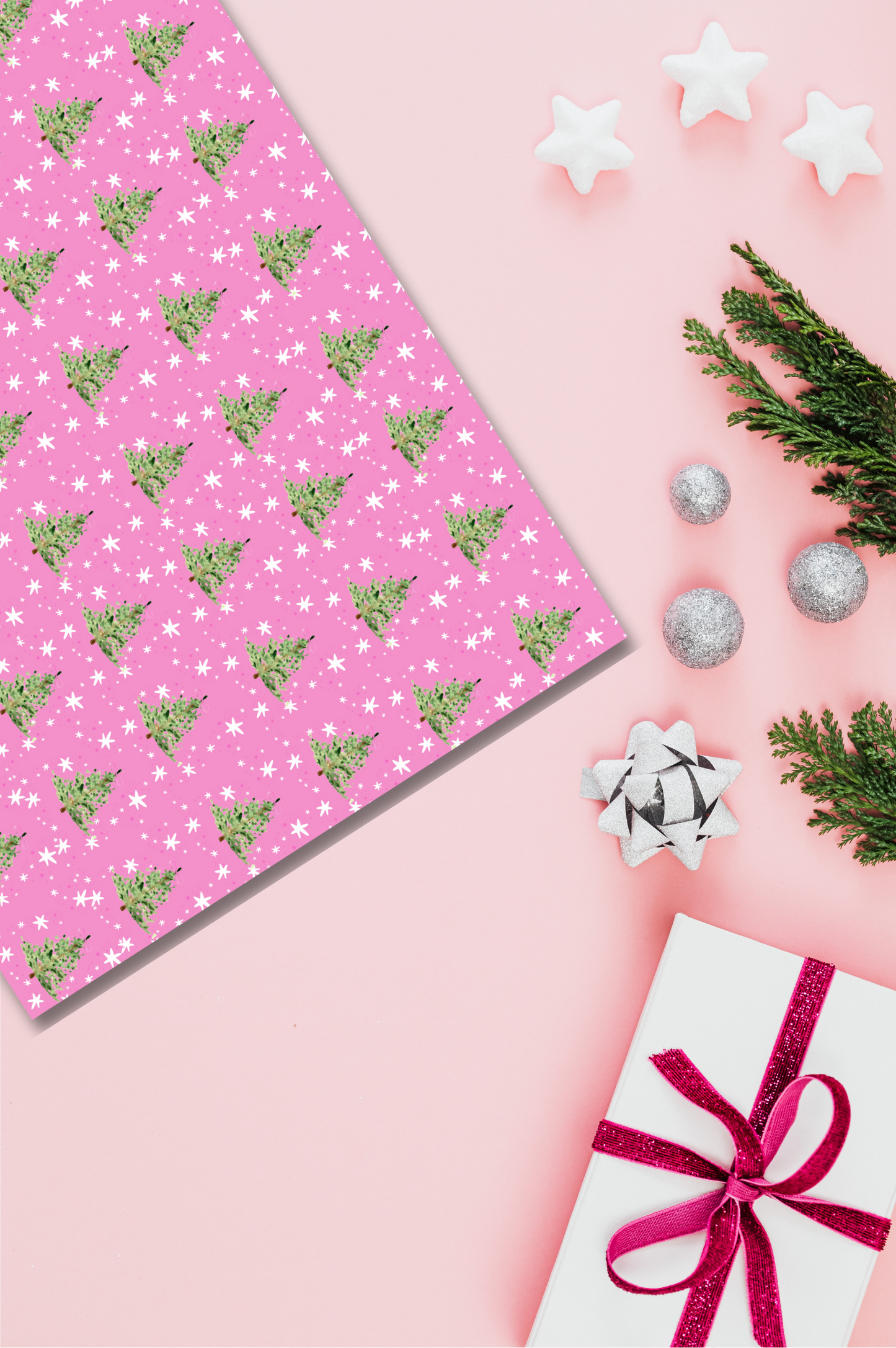 celestial pines on pink gift wrap