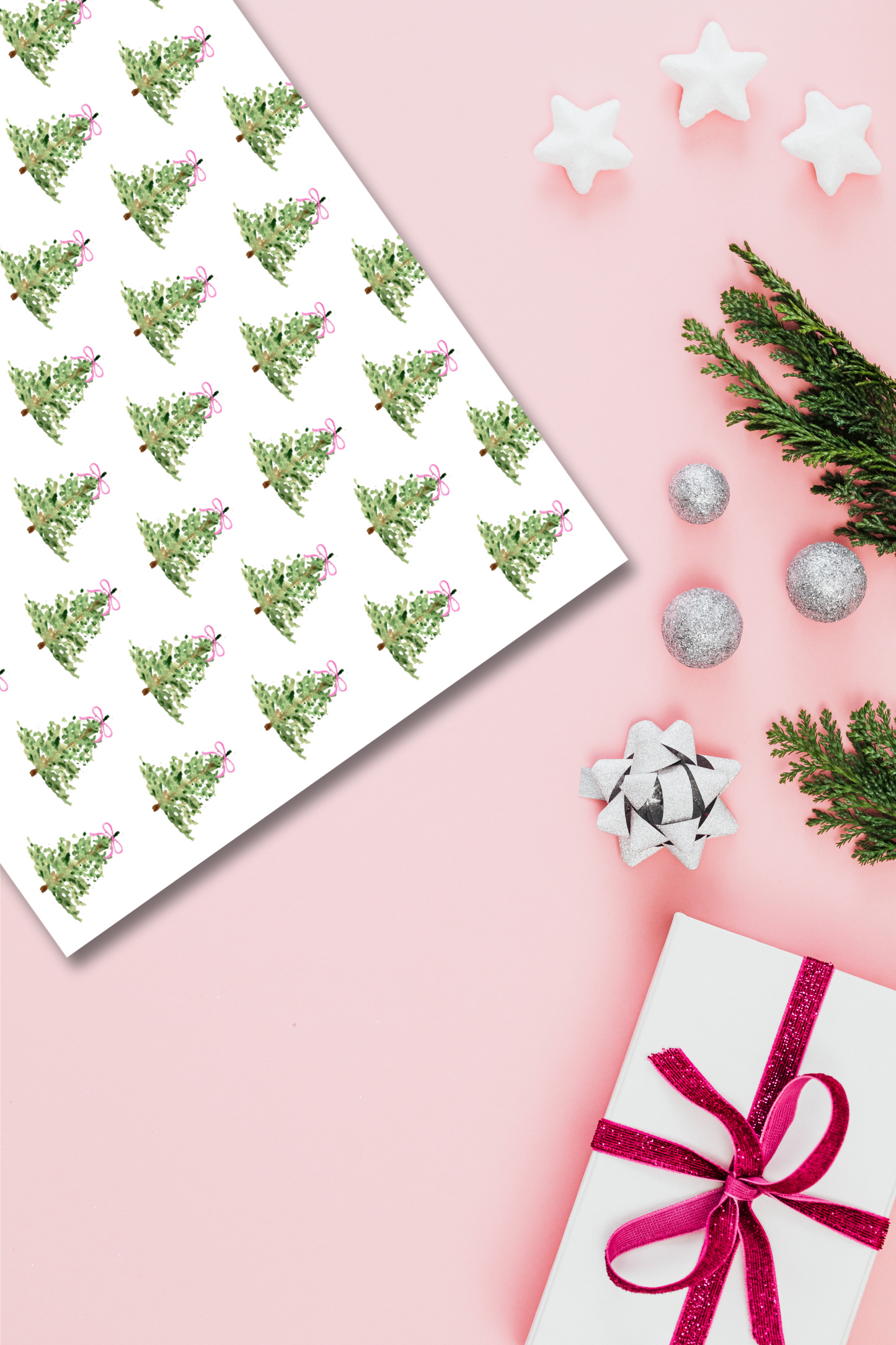 watercolor pine on white gift wrap